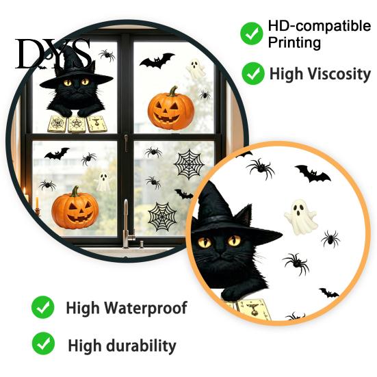Halloween Glass Stickers Cute Black Cat Window Clings, Pumpkin Ghost Bat Spider Easy Apply Clings Decals, Non-Adhesive for Door Party Holiday