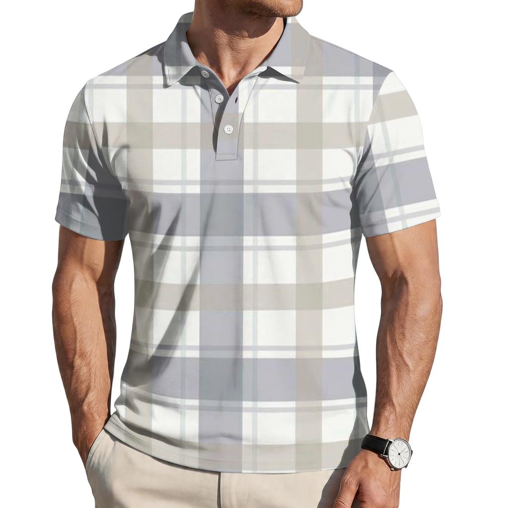 Men Loose Fit Casual Plaid Print Short Sleeve Polo Shirt with Turn Down Collar for Everyday Comfort Style