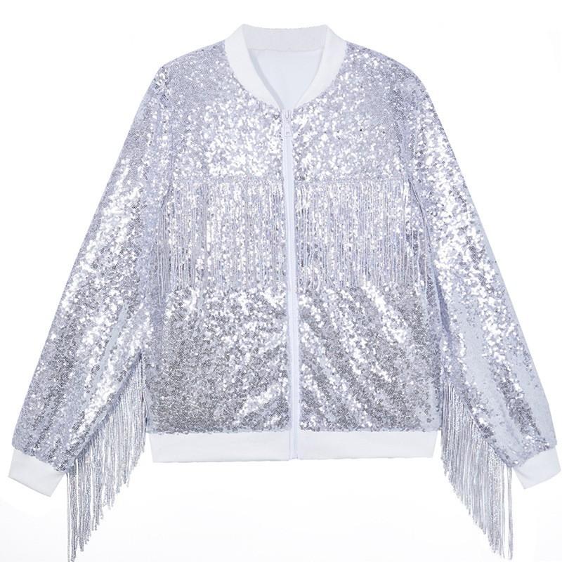 Giacca da Donna Oversize con Frange di Paillettes Manica Lunga Zip-Up Casual Streetwear Blazer da Festa