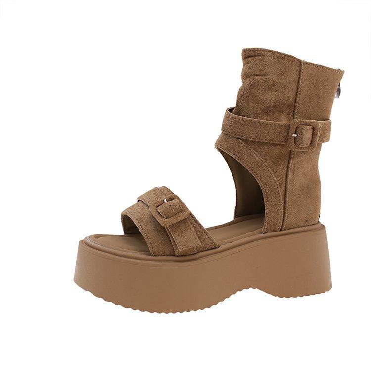 

Retro thick-soled western boots for women s 2025 summer new super fire muffin open-toed cool boots are huge and good-looking, heightening short boots 40 хаки