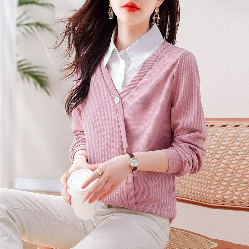 Spring and Autumn Style Shirt Lapel Stitching Long-sleeved T-shirt Sweater Fake Two-piece Fashion Top
