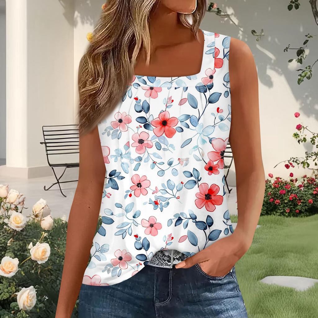 Women's Fashion Pleated Printed Square Neck Vest Top