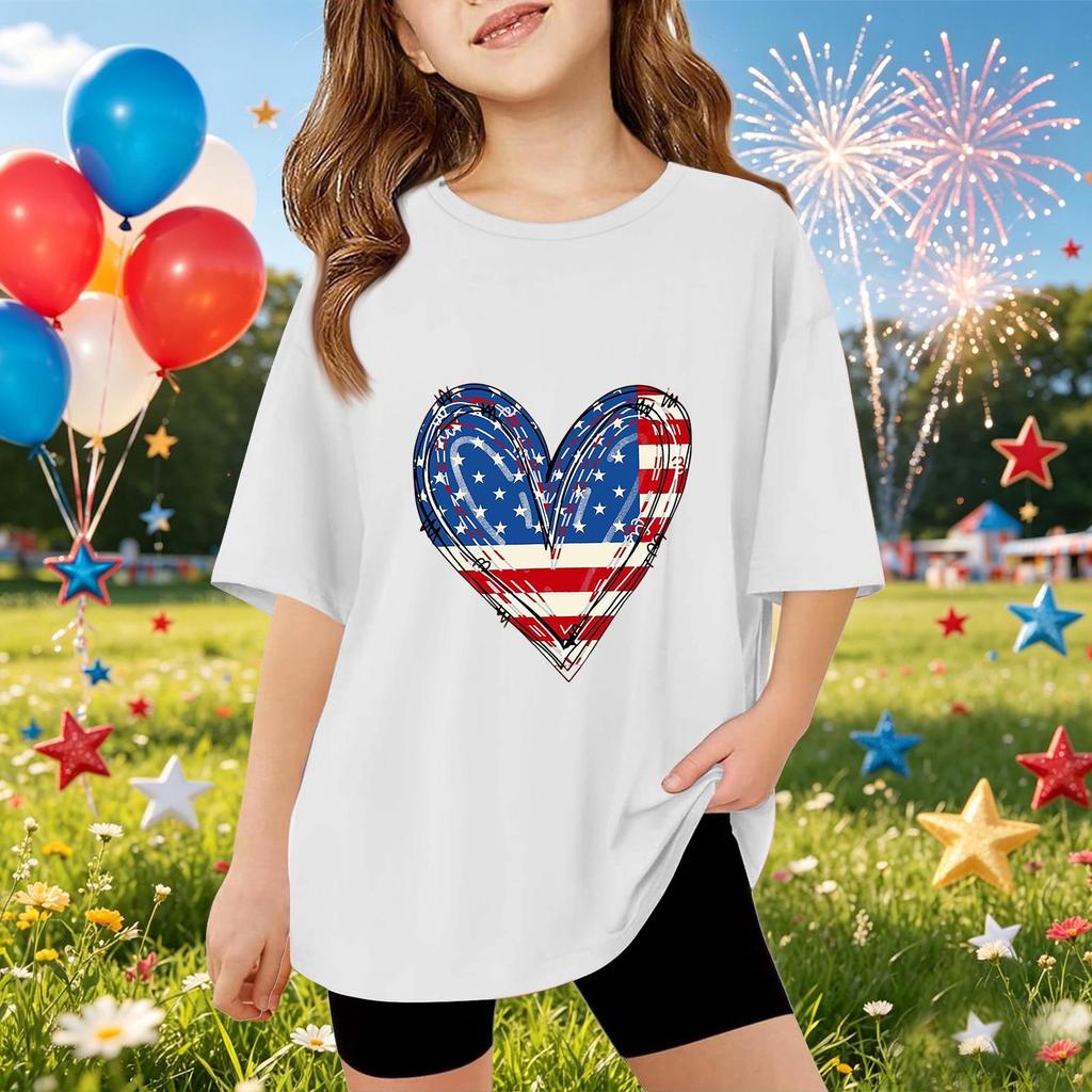 Kids Short Sleeve T Shirt Independence Day Print Top Casual Loose Fit Lightweight Summer Tee for Boys Girls