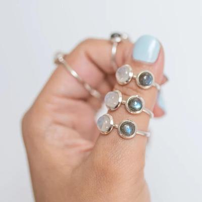 Labradorite Moonstone Round Gemstone Ring, Cabochon Ring, 925 Sterling Silver, Birthstone Ring, Stackable Ring, Christmas Gift