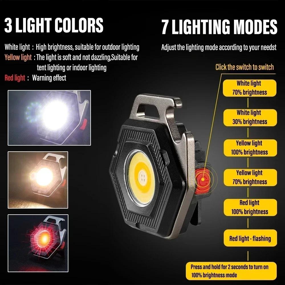 COB Keychain Work Light with Battery Display 8 Mode USB Rechargeable High Lumens Portable LED Light for Camping Hiking Running