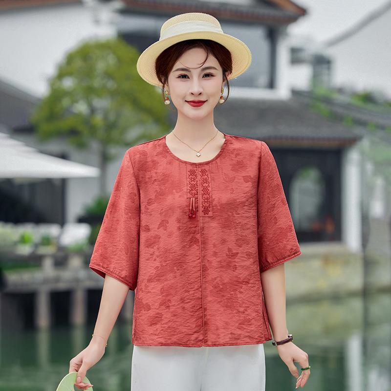 Women's Round Neck T-Shirt Vintage Chinese Style Loose 3/4 Sleeve Cotton Linen Summer Blouse For Middle Aged Women
