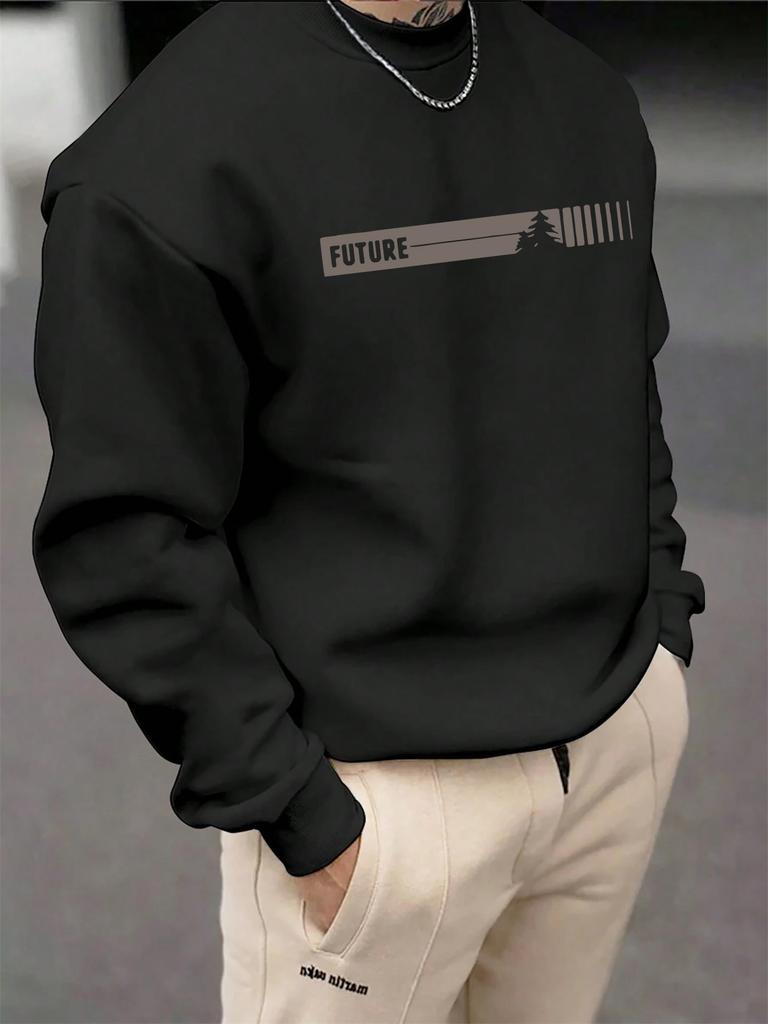 Casual Loose Futune Letter Graphic Printed Men's Autumn and Winter Fashionable Long Sleeved Round Neck Sweatshirt