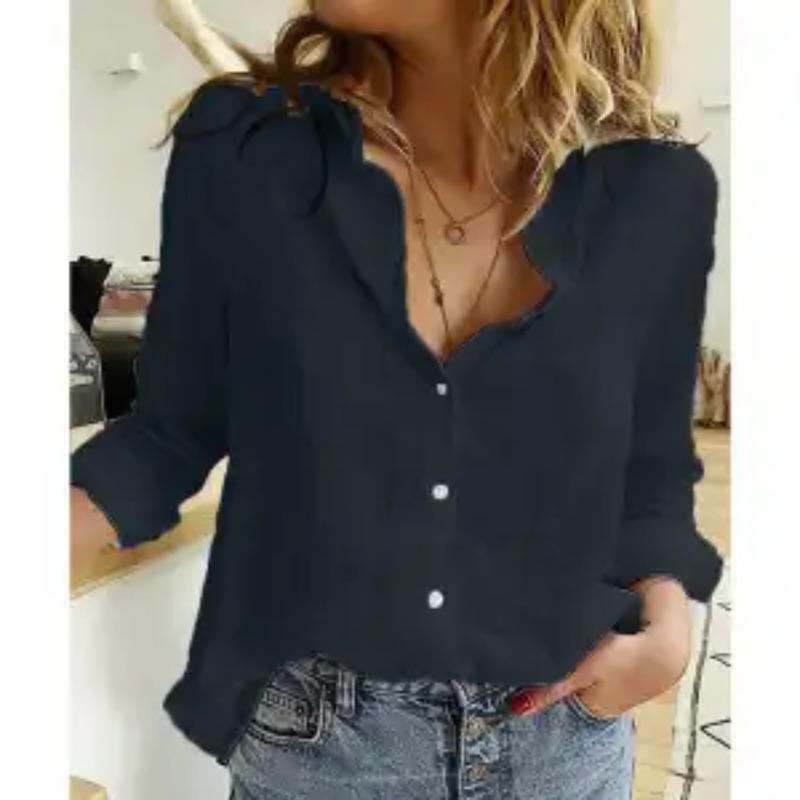 Spring and Autumn Solid Color New Hot Style Women's Casual Loose Long Sleeve Linen Shirt