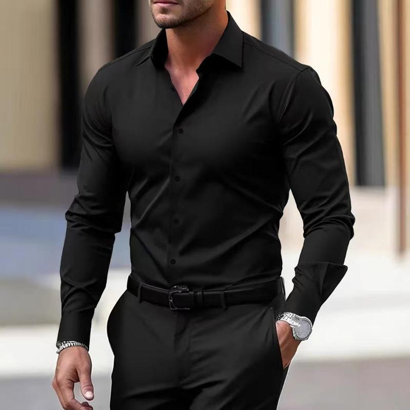 

1 шт. Рубашка в стиле business casual с длинным рукавом, Формальная рубашка в весенне-осеннем стиле, Слегка эластичная и не требующая глажки M чёрный