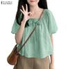 ZANZEA Women Lace Splice Square Collar Casual Short Sleeve Blouse