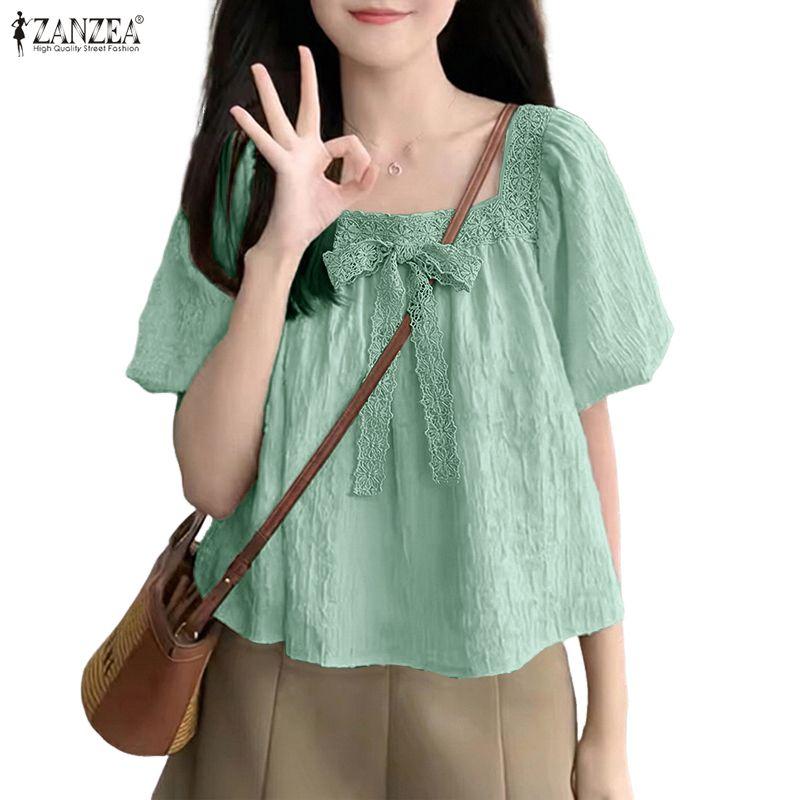 ZANZEA Women Lace Splice Square Collar Casual Short Sleeve Blouse