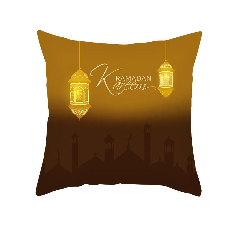 Eid Mubarak Ramadan Luna Dorata Stampa Etnica Federa Copricuscino in Poliestere Decorativo per Casa Camera da Letto