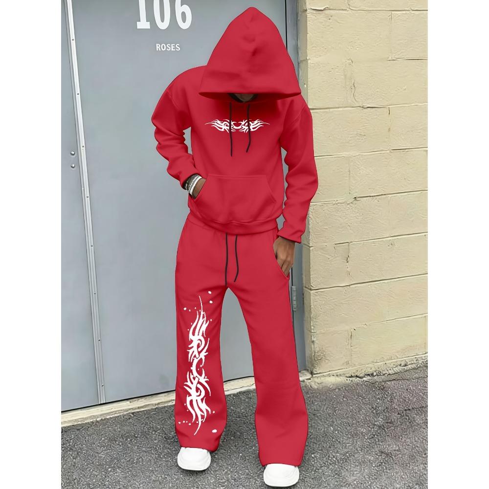 Fashion Men's Autumn Winter Sports Shirt 2 Piece Set with Classic Letter Pattern Print, Trendy Hoodie and Wide Leg Pants Set