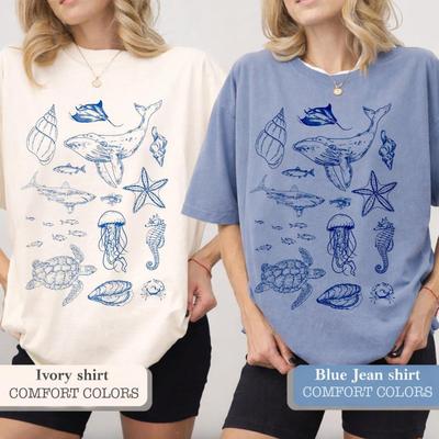 Ocean Life Graphic Tee, Vintage Marine Biology Shirt, Whale Sea Creature T-Shirt, Coastal Aesthetic Beach Top, Nautical Unisex Shirt