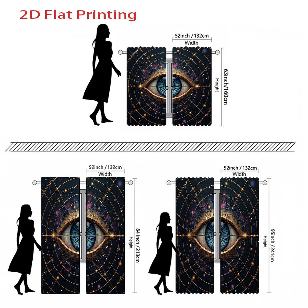 Set Of 2 Flat Printing Curtains Cosmic Eye Pattern Blue Golden Frame Space Style Polyester Fabric Semi She Curtain