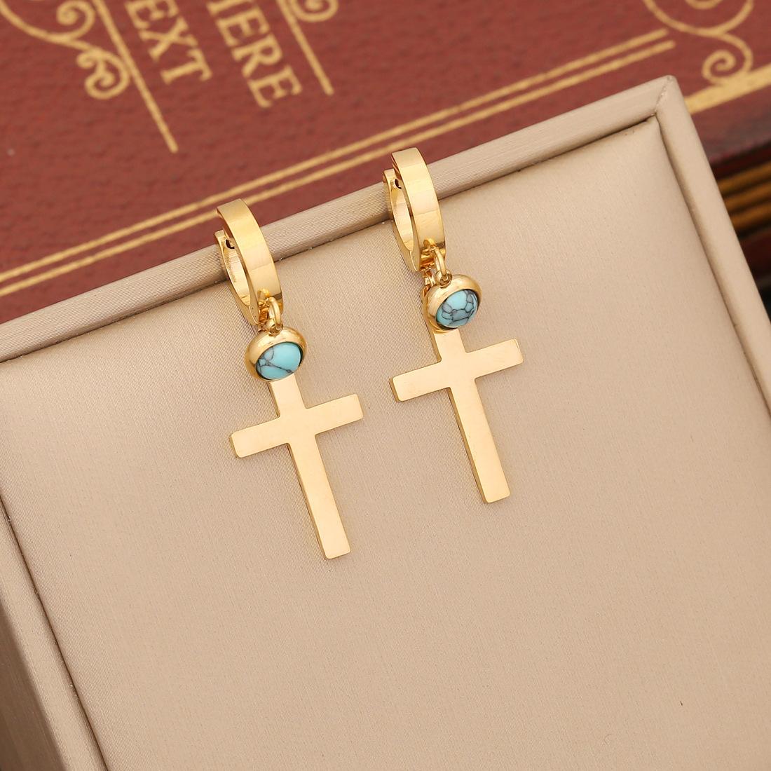New Western Style Jewelry, Full Diamond Cross Jewelry Set, Stainless Steel Double Layer Chain, Turquoise Clavicle Chain