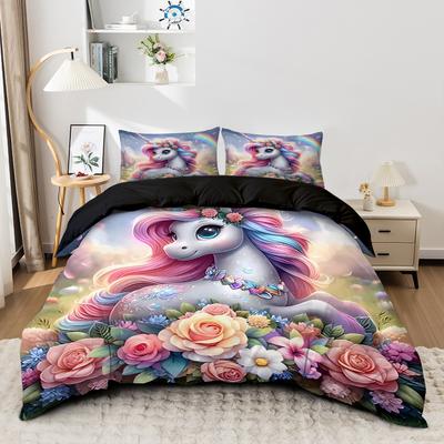 3-teiliges Cartoon-Einhorn-Komfort-Bettwäscheset (1 Bettbezug+2 Zwei Kissenbezüge) Polyesterfaser 3D Digitaldruck