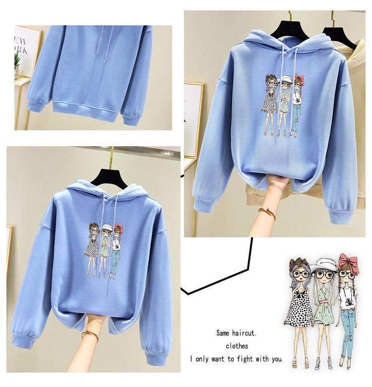 Korean Style Women's Fleece-Lined Hooded Sweatshirt, Plus Size, Loose Fit, Long-Sleeved, for Autumn and Winter.