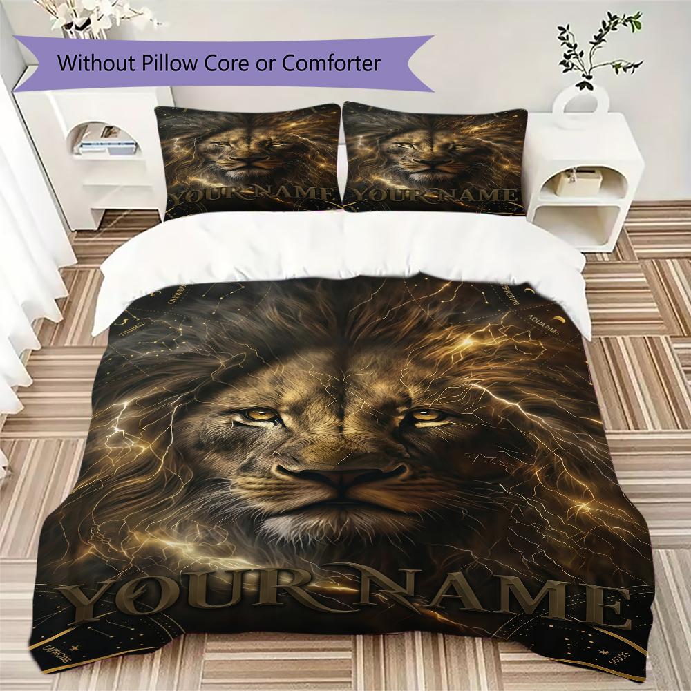 Custom Name Royal Lion Majesty Bedding,Quilt Set Quilt Cover Pillowcase Home Birthday Gift(1 * Duvet Cover + 2 * Pillowcase, Without Core)_lx