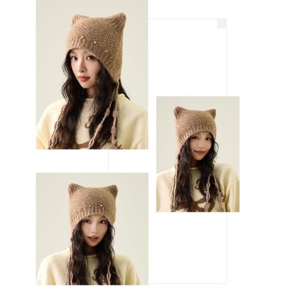 Windproof Cat Ear Beanie Pearl Tassel Ear Protection Hat Y2K Aesthetic Knit Earflap Hat for Women