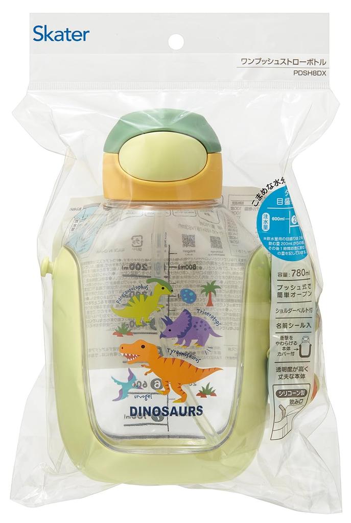 Skater Straw Water Bottle with Shoulder Dinosaur Picture One-Push Strap, 780ml, Book, PDSH8DX-A