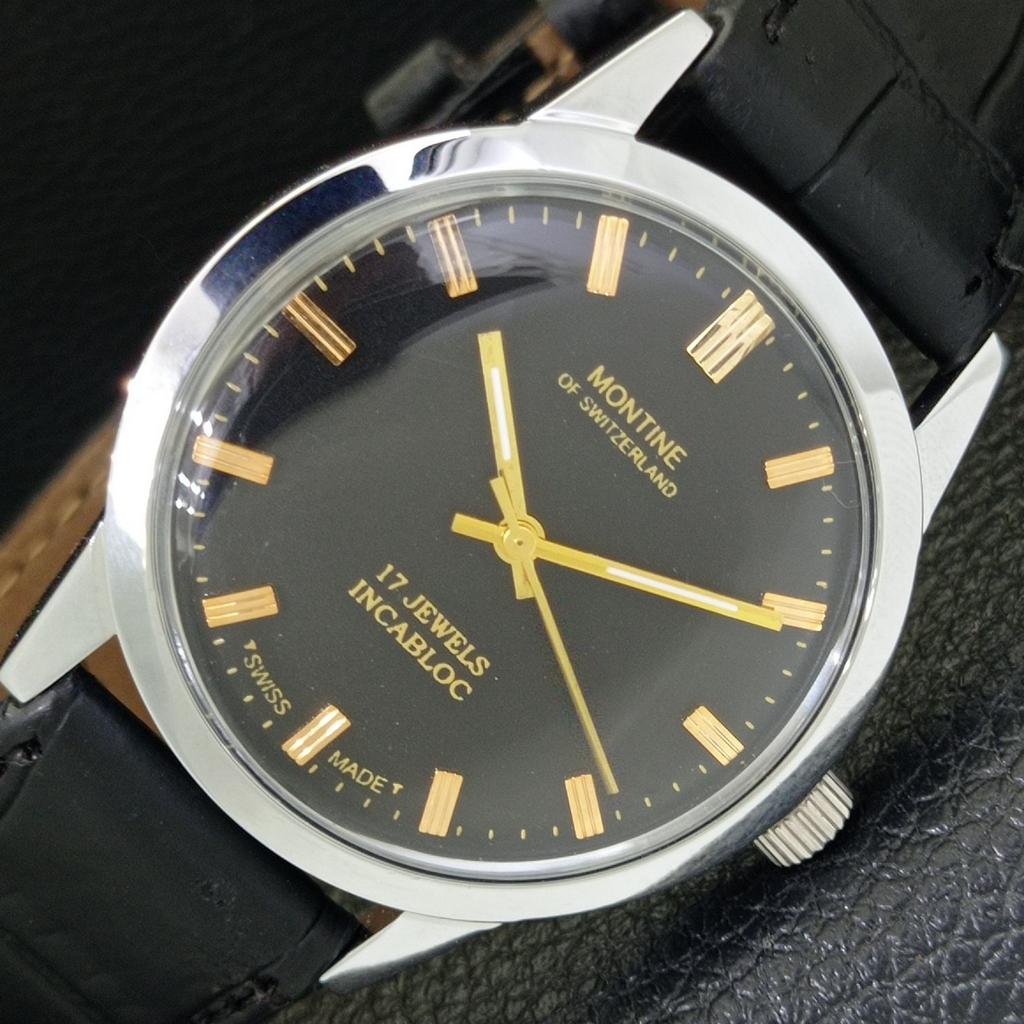 

VINTAGE MONTINE HAND-WINDING SWISS MENS REFURBISHED BLACK DIAL WATCH a441063-1
