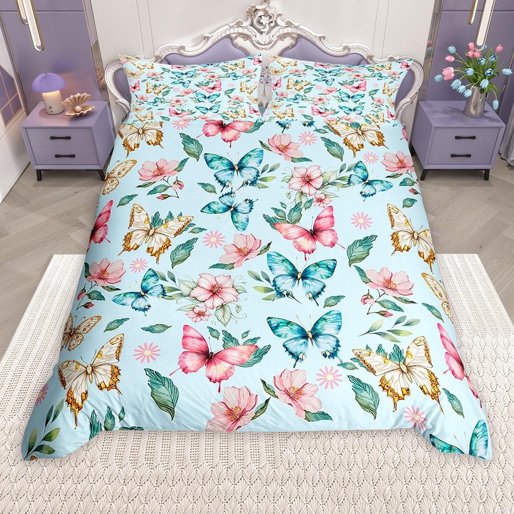 Homewish Girls Butterfly Duvet Cover Set, Chic Glitter Sequin Print Bed Set, Wild Animal Quilt Cover Set