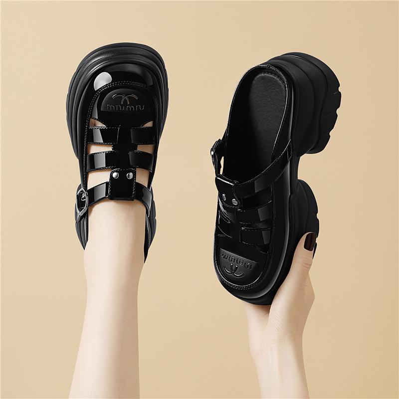 Genuine Leather Heightened Platform Toe Toe Roman Sandals Women's New Summer Temperament Hollow Breathable Versatile Shoes Platform Sole
