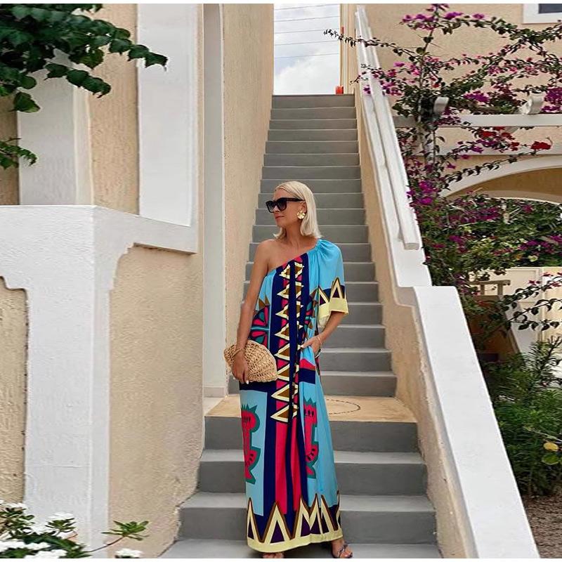 2025 Positioning Printing Diagonal Shoulder Vacation Long Skirt Ladies Dress Vacation Wind Beach Casual Fashion Long Dress