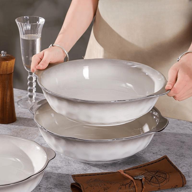 ZISIZ 14-inch Large Ceramic Soup Bowl with Double Handles