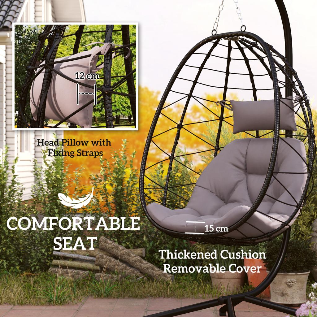 Hanging Egg Chair Outdoor Indoor Garden Swing Chair with Folding Basket, Thickened Cushion, Garden Hanging Chair with Stand, Headrest for Patio