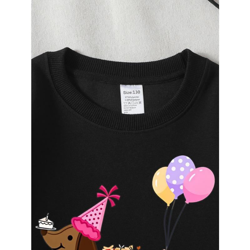 European Sizes Girls' Long-Sleeve Round Neck Sweatshirt "Birthday Dog" Print, Spring/Autumn, Casual, Daily & Sports.