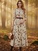 Retro Print V-Neck Waist-Cinching Long-Sleeve Women's Spring Dress 2026