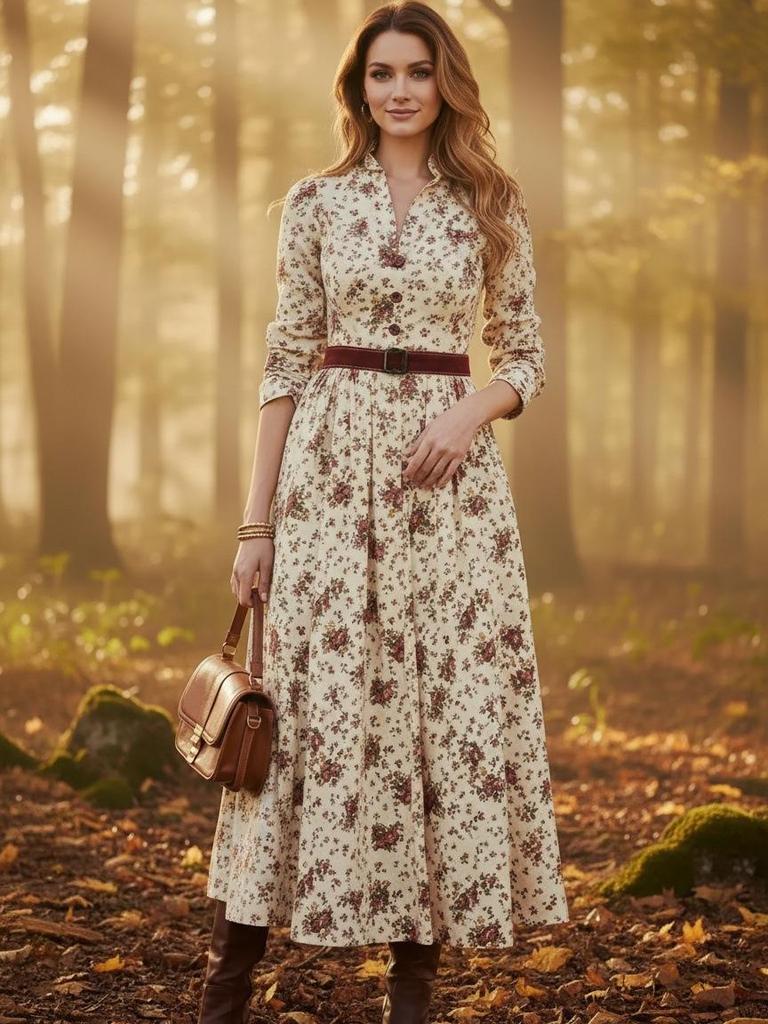 Retro Print V-Neck Waist-Cinching Long-Sleeve Women's Spring Dress 2026