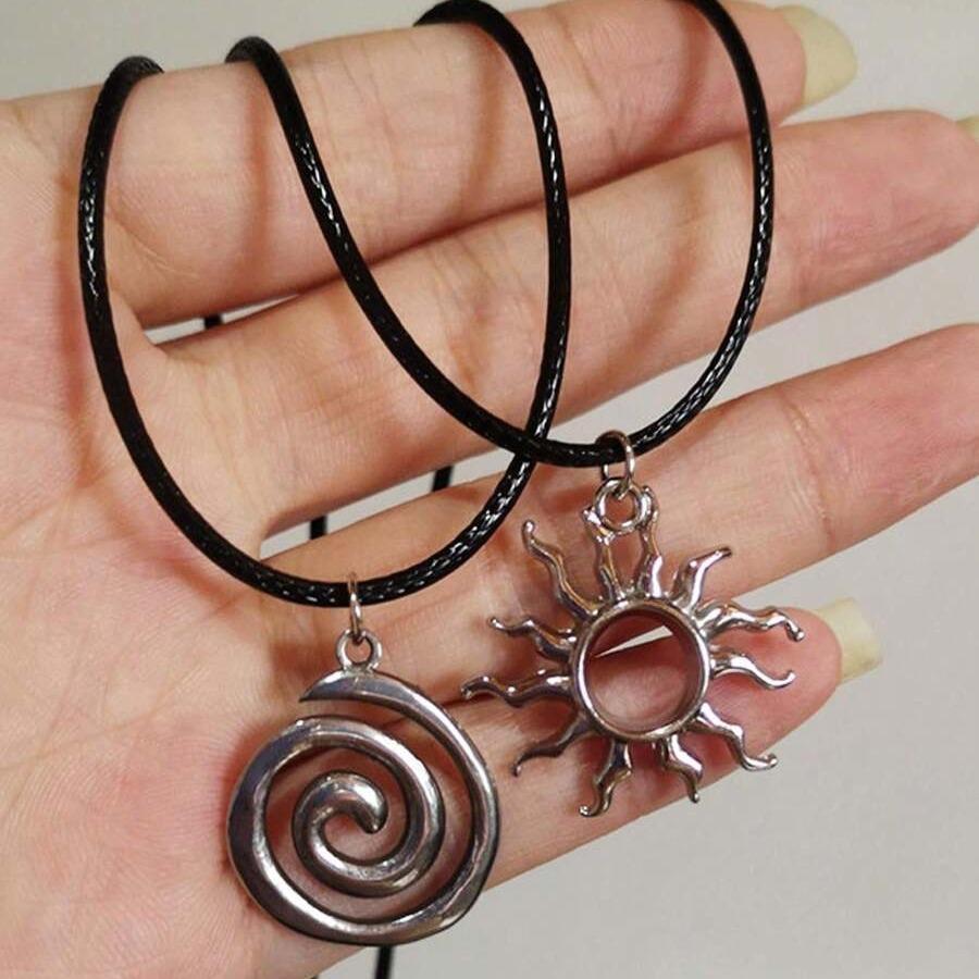 Hip Hop Burning Sun Pendant Leather Rope Necklace Vintage Whirlpool Goth Choker Necklaces For Men Boys