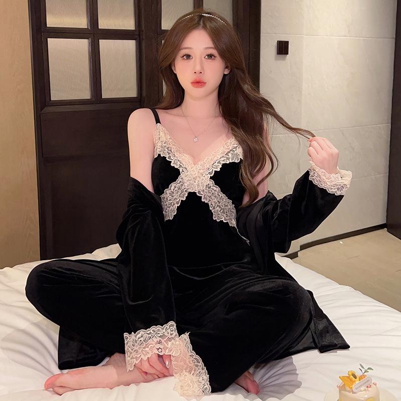 Neues Pyjama-Set aus Gänsedaunen für Herbst und Winter, Pyjama, sexy Spitzenkante, Kimono-Bademantelkleid für Damen, lockeres, lässiges Pyjama-Set, Hauskleidung