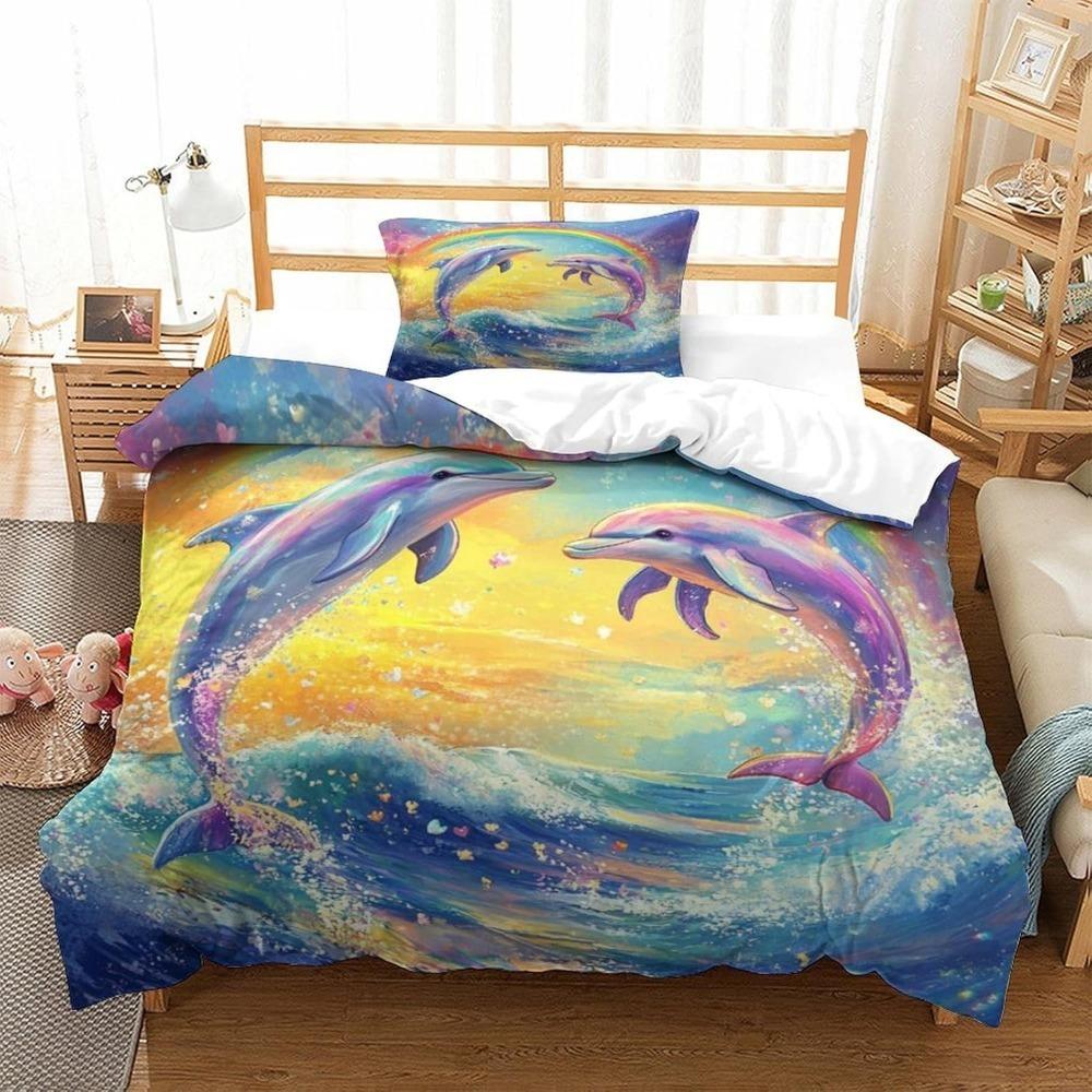 CartoonDolphin  Motif Bed Linen,Microfibre Bedding Sets, Children's Bed Linen  for Teenagers  adult  3-Piece Duvet Cover