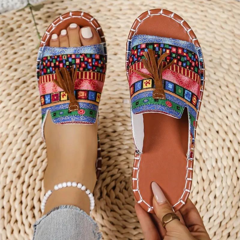 Fashion Women 2025 Summer Tassels Decor Beach Slippers New Bohemia Style Print Flat Sandals Outdoor Elegant Slippers Women Slides Women