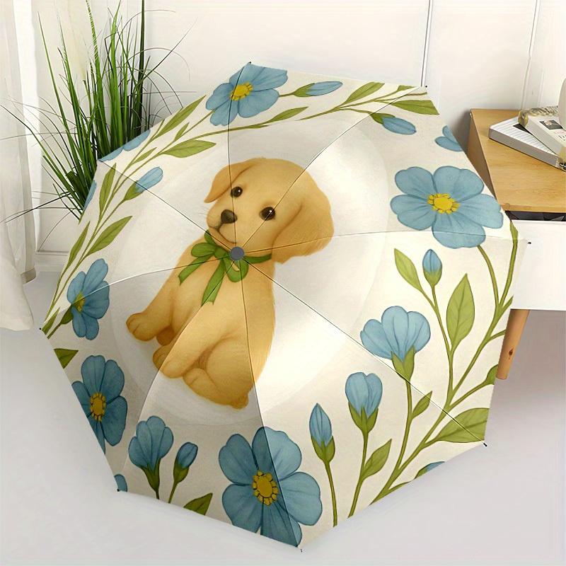 1pc Floral Puppy Auto Cute Umbrella - Auto Open/Close Folding Umbrella with Reinforced 8-Rib Frame, Portable 3-Fold Compact Um