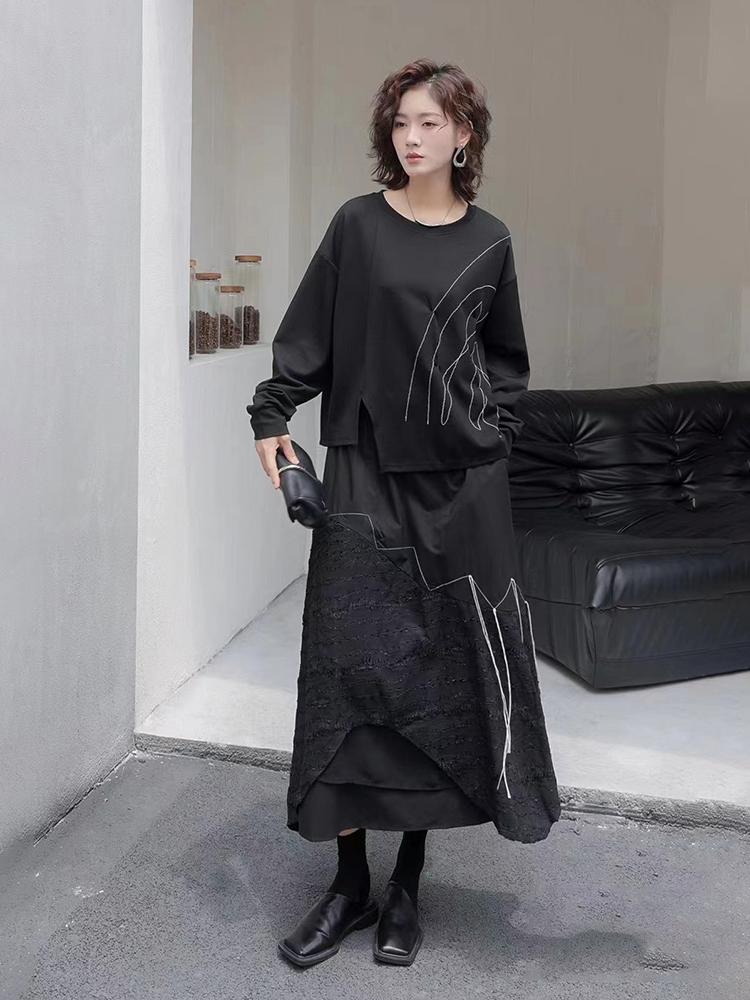 Xitao Line Pleated Slit Irregular Loose Long Sleeved T-shirt  GJ1243