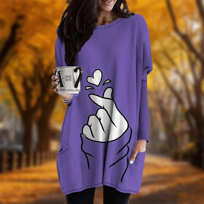 

Новинка осени с принтом жестов в виде сердца и руки, платье больших размеров для женщин с круглым вырезом и длинными рукавами, повседневные платья с карманами XS фиолетовый