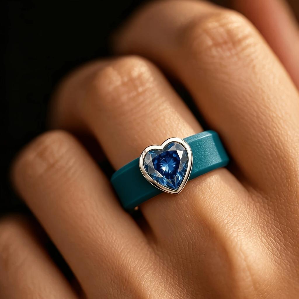 Blue Silicone Ring Heart Blue CZ, Soft Stretchable Band, Hypoallergenic Waterproof Sweatproof Jewelry for Women Daily Use