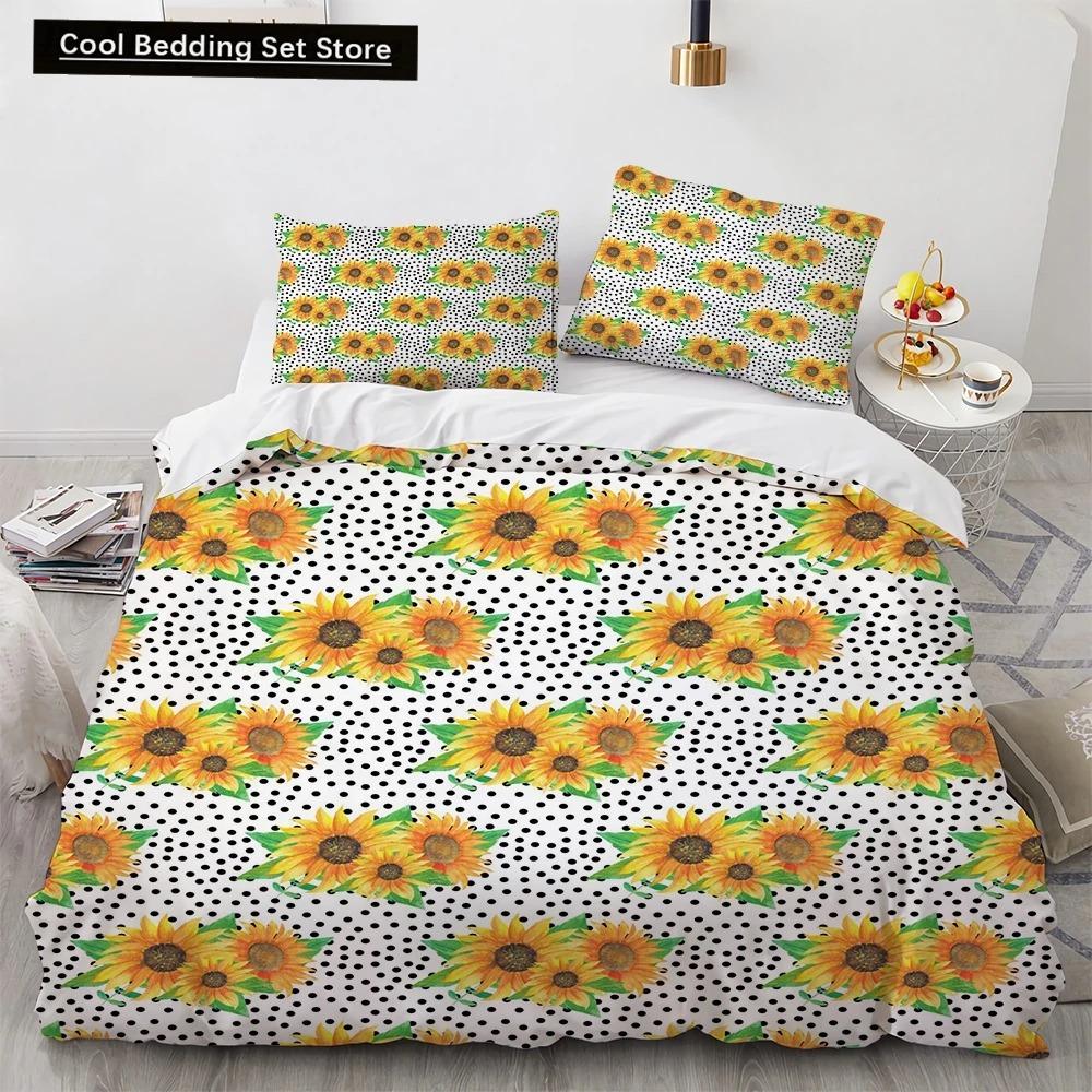 Sunflower King Queen Duvet Cover Striped Floral Bedding Set for Kids Teens Adults Colorful Flowers 23pcs Polyester Quilt Cover