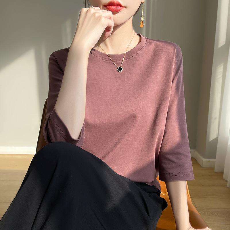Spring Summer Women Round Neck Silky Cotton Short Sleeve T-Shirt Feminine Cotton Cropped Sleeve Bottoming Shirt