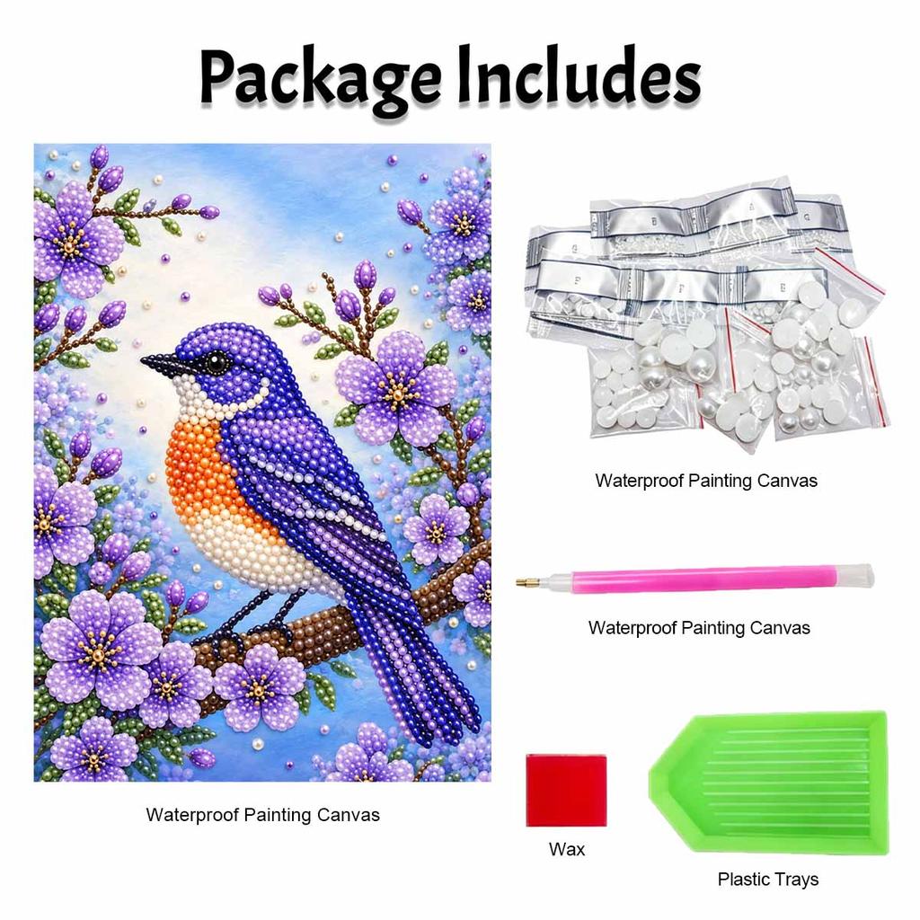 Sparkling Pearl Painting Kit with Frame Blue Bird and Purple Flowers Bead Art Canvas Relaxing Craft Home Wall Decor Gift Idea for Adults