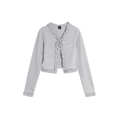 Li Ning X Sampu Rabbit Kollaboration Sportlicher Trend Serie Einfarbiger Cardigan Figurbetont Langärmeliges Strickoberteil Damen Oberteile Grau AWDU836-1