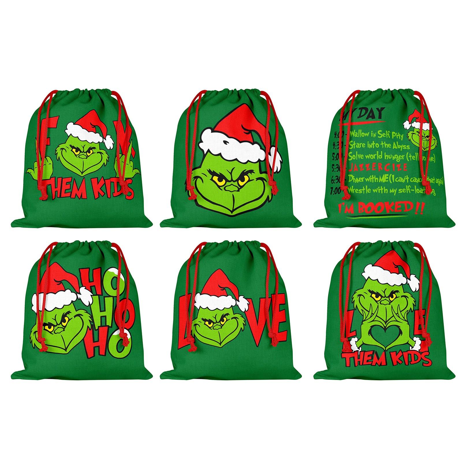 

Упаковка из 6 льняных подарочных пакетов с двусторонней печатью на Новый год и карманом на шнурке 24 * 26 см зелёный
