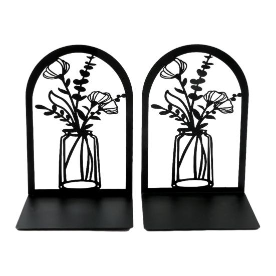 2 Stück Bücherregal-Buchstützen, hohle Blumen, geschnitztes Muster, Vase, Buchstützen, L-förmiges Design, rutschfester Buchhalter