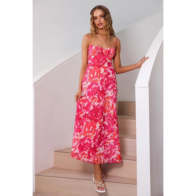 Sommer Neues Ärmelloses Slim Fit Träger Sexy Kleid für Frauen Mode Rückenfrei Blumenmuster Vintage Kleider Frauen Elegant Hohe Taille Freizeitkleid 26282