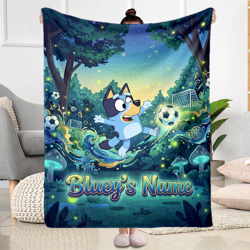 Bluey's Soccer Fun Personalized Text Blanket Cozy Personalized Blanket Durable Comfort Perfect for Couch Living Room Livingroom Bed